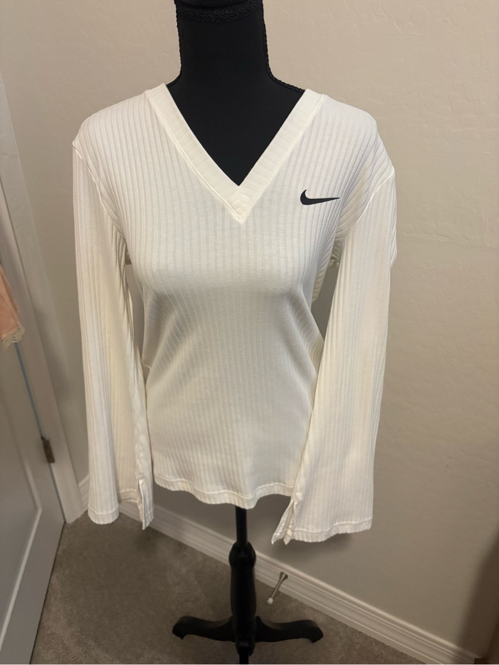 Nike White Ribbed V-Neck Long Sleeve Top with Black Swoosh